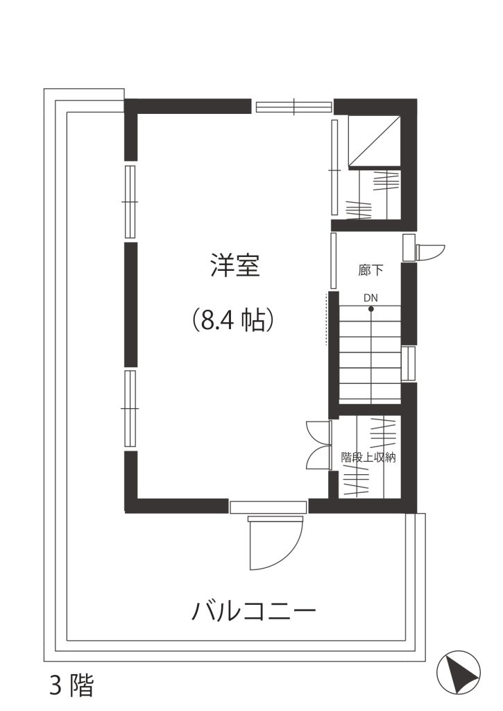 【3階の間取り】 3階の間取り。3階部分の建物面積は20.60㎡（公簿）になります。2か所のクローゼットがついた洋室とL型のバルコニーが配置されています。