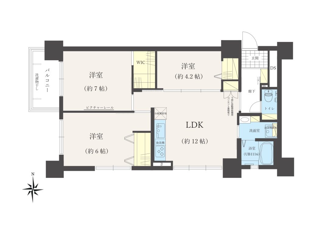 【間取り】3LDK（南・西の角部屋）