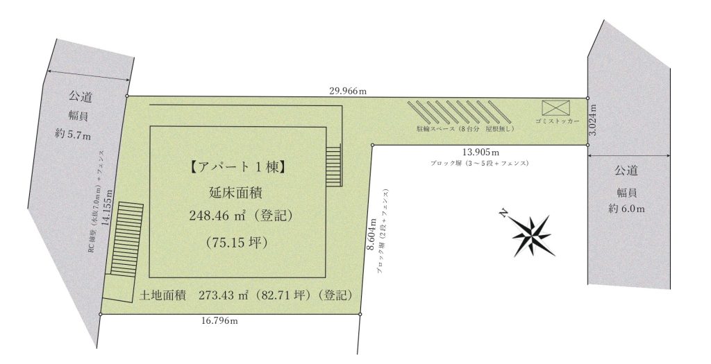 【区画図】 第一種低層住居専用地域に建つ全8戸のアパートです。太陽光パネル搭載しています。詳細は担当からご案内させていただきます。お気軽にお問い合わせください。