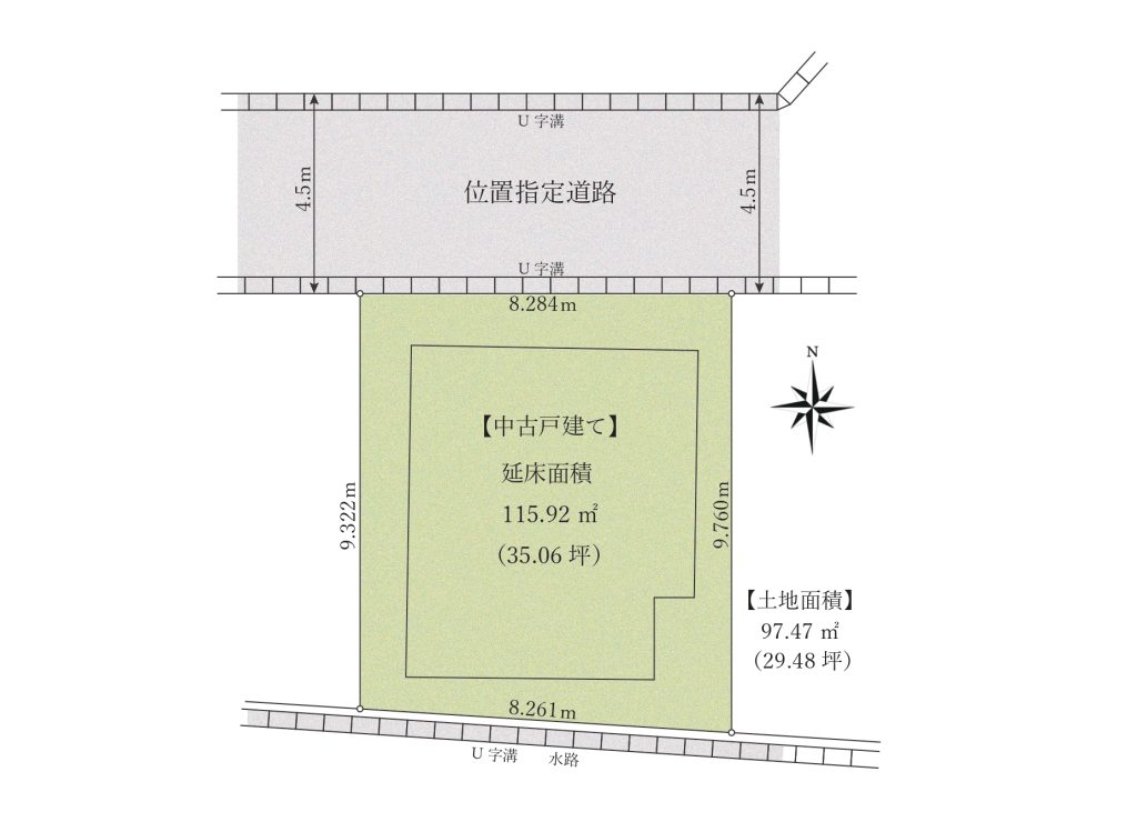 【区画図】 土地面積は、97.47平米（29.34坪）。建物の延床面積は、115.92平米（34.78坪）あります。