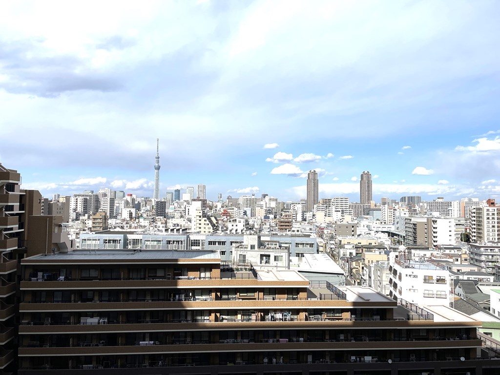 【外廊下からの眺望】 玄関前の外廊下からはスカイツリーが望めます。