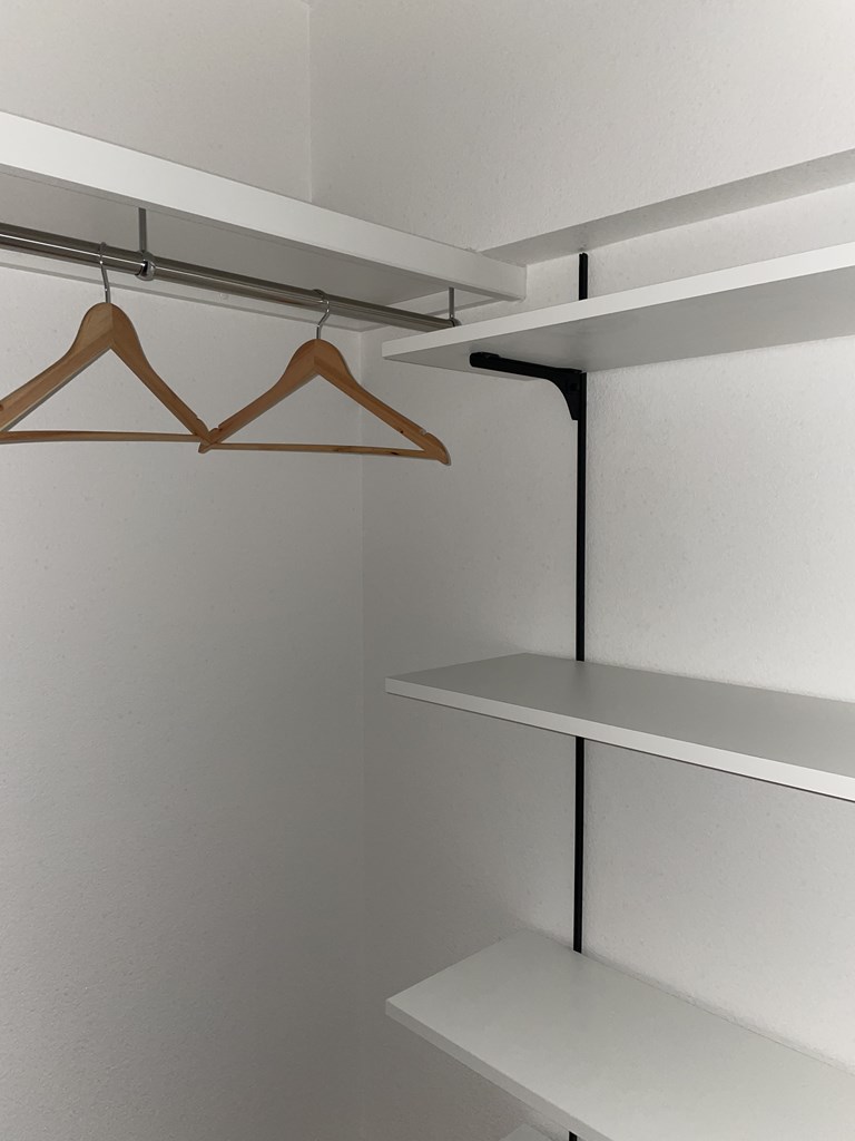 【収納（昼）】 ウォークインクローゼット内の様子です。ハンガーパイプと棚板付きなので洋服からバッグまで出し入れしやすく収納できます。