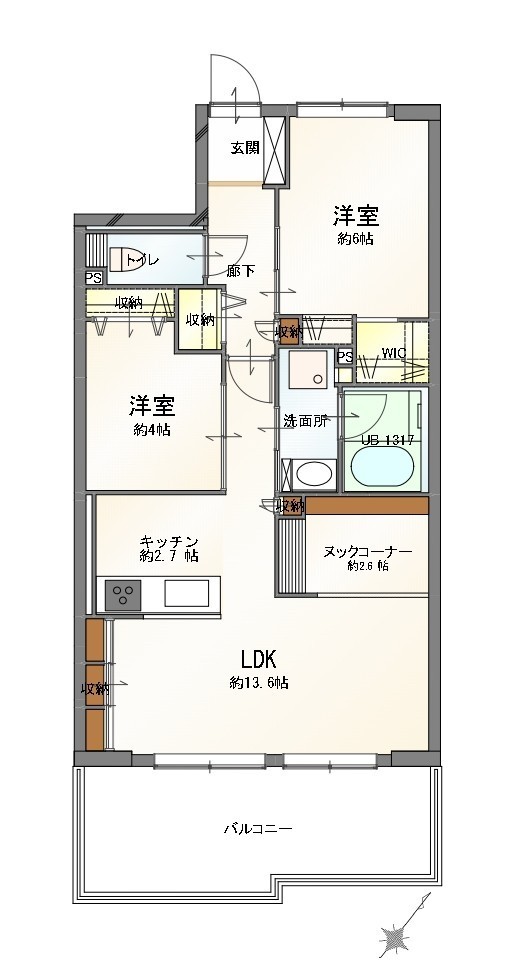 【間取り】2LDK+ヌック(タタミ敷)